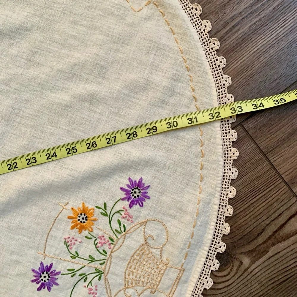 Vintage Handmade Embroidered Round Doily Crocheted Table Cloth 33”